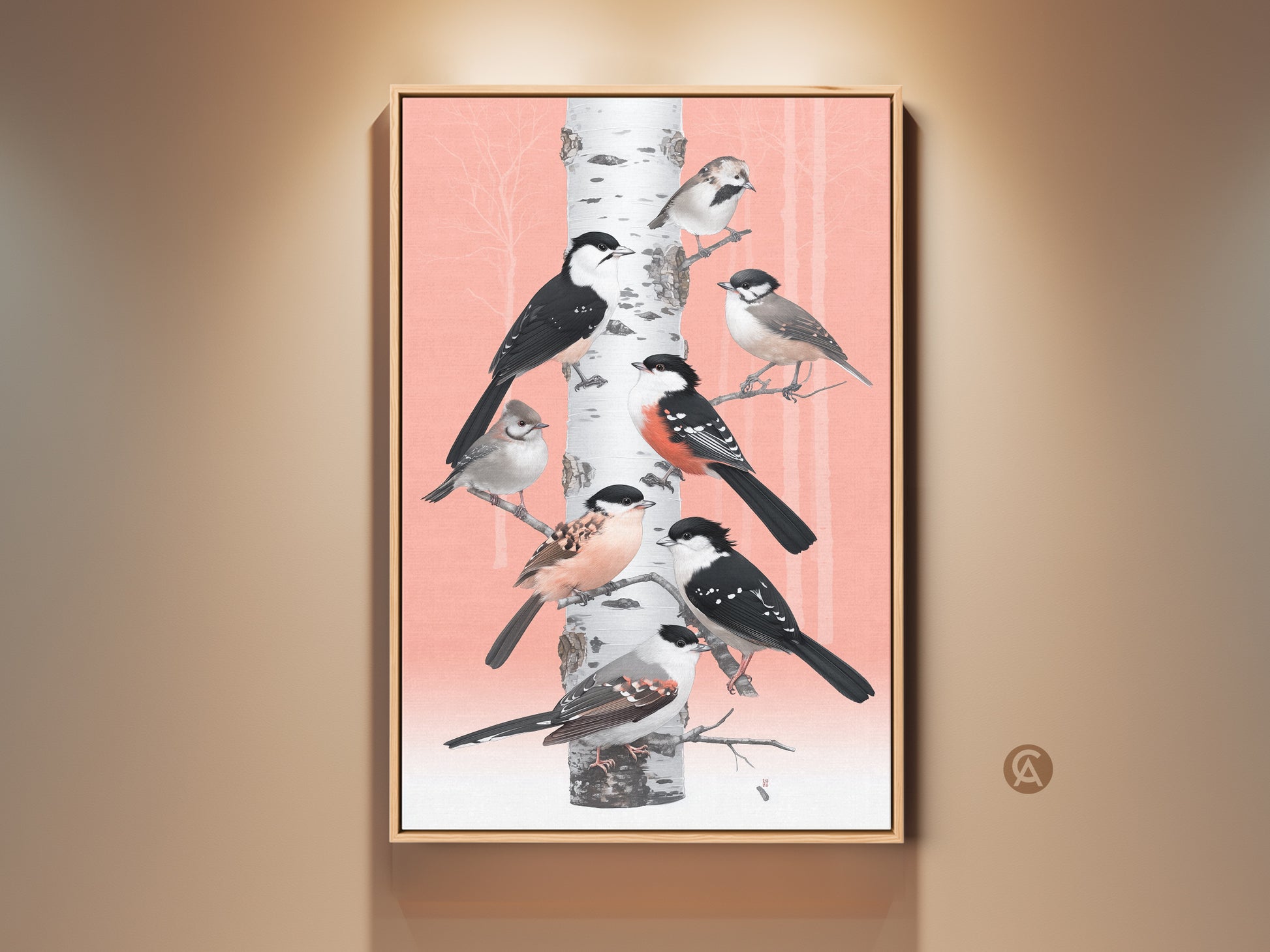 A framed canvas print shows birds perched on a birch tree. It features a Scandinavian folk art style. The coral and white palette offers a nature-inspired look. This housewarming gift brings a serene touch to any room. Perfect wall decor for bird and artwork lovers seeking a rustic yet elegant piece.