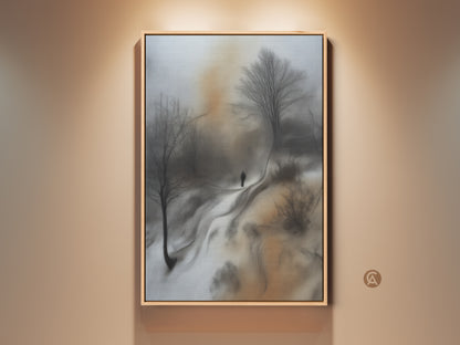 Modern sepia winter landscape canvas art. Solitary figure walks in a serene scene. Bare trees add a contemplative touch. Perfect neutral tone wall decor for bedroom or office.