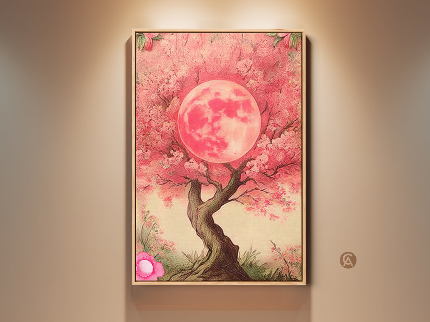 Framed bohemian artwork featuring a Pink Moon Tree. This canvas print showcases fuchsia floral art. The dreamy botanical wall decor is perfect for adding a touch of nature to your home. Ideal for nature lovers.