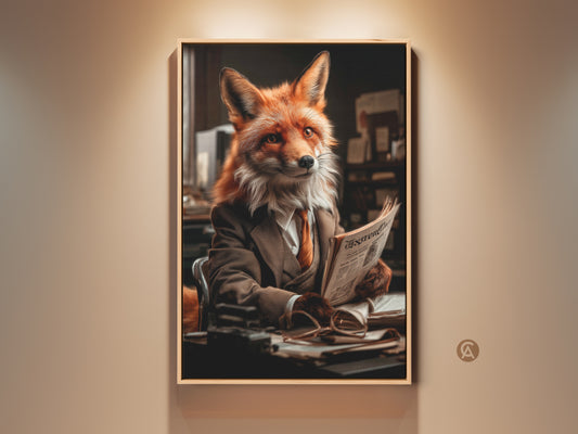Vintage fox reading a newspaper in a wooden frame. This anthropomorphic fox art showcases a dark academia aesthetic. It is ideal industrial office decor. This steampunk fox artwork adds charm and intellectual flair. It is perfect for animal lovers a unique housewarming gift.