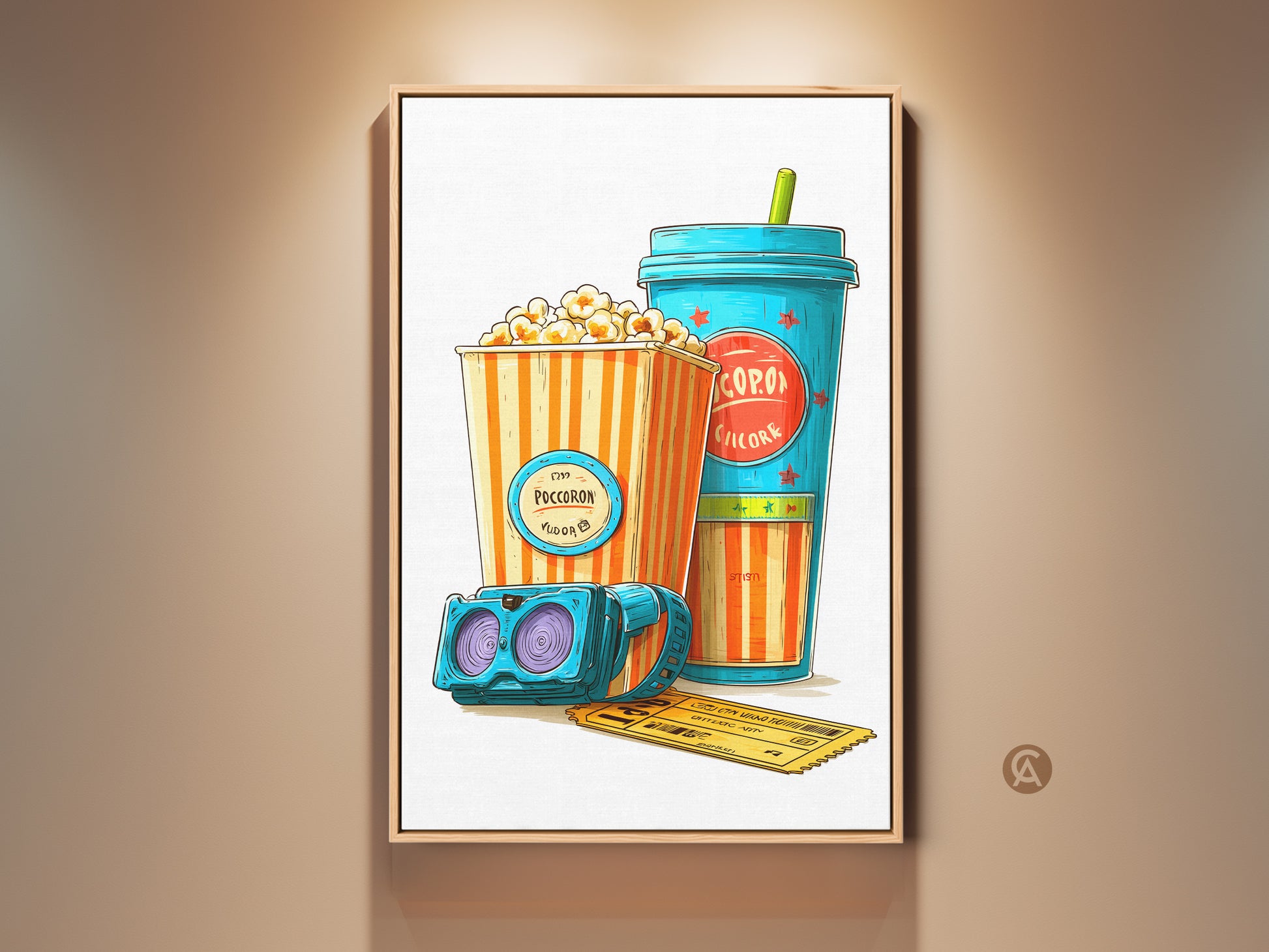 Framed cinema pop art print featuring a popcorn box soda and 3D glasses in a retro teal orange and yellow palette. Eclectic home theater wall decor brings nostalgic charm. This cinema scene artwork enhances any entertainment room with vibrant colors.