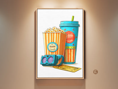 Framed cinema pop art print featuring a popcorn box soda and 3D glasses in a retro teal orange and yellow palette. Eclectic home theater wall decor brings nostalgic charm. This cinema scene artwork enhances any entertainment room with vibrant colors.