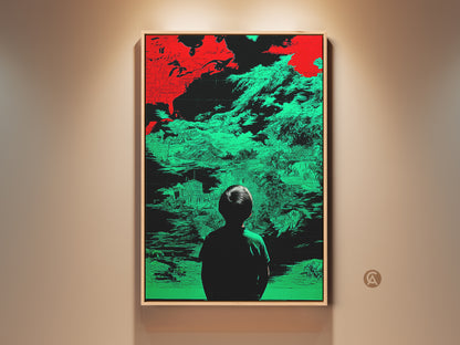 A surreal glitch art canvas print featuring a child silhouette gazing at an abstract landscape. This red and green artwork adds a modern touch to any office or study. The captivating piece is perfect as a traveler housewarming present. It is a unique wall hanging art that brings conceptual figurative art to life.