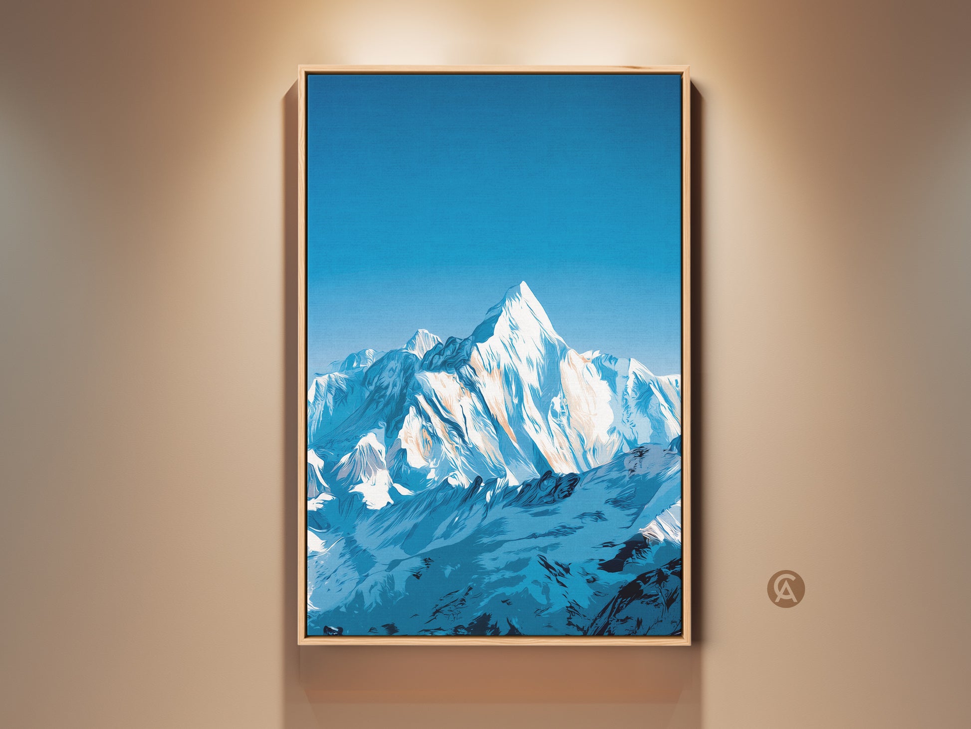 Modern mountain landscape canvas art is on display. The deep blue snowy peaks wall art brings nature indoors. A perfect home office art piece. This makes a great gift for hikers and outdoor lovers. The artwork is framed and ready to hang.