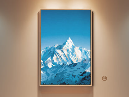 Modern mountain landscape canvas art is on display. The deep blue snowy peaks wall art brings nature indoors. A perfect home office art piece. This makes a great gift for hikers and outdoor lovers. The artwork is framed and ready to hang.