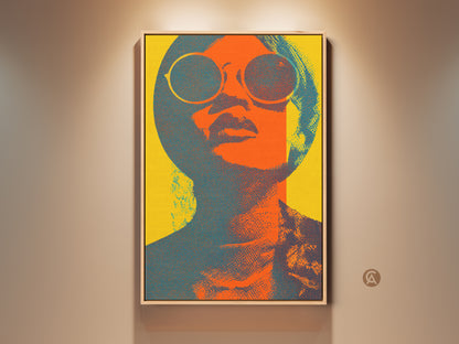 Vibrant pop art woman portrait. A retro style print features a woman with sunglasses. The colors are orange teal and yellow. It is perfect for eclectic home decor. This canvas art brings a modern flair to any room. A standout piece of wall art. It makes an ideal gift for retro art lovers.