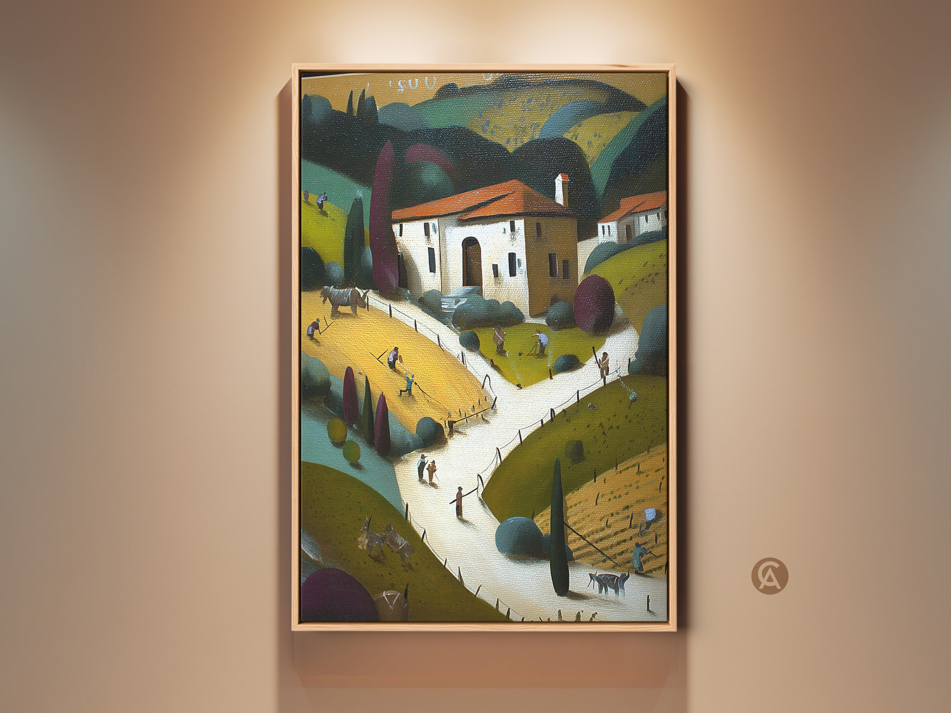 Stylized folk art farmhouse landscape canvas artwork. It features a vibrant yellow orange green rural scene. This pastoral artwork adds rustic charm to residential wall decor. Countryside living art brings warmth to any dining room. Perfect housewarming gift art for new homeowners seeking rustic home art.