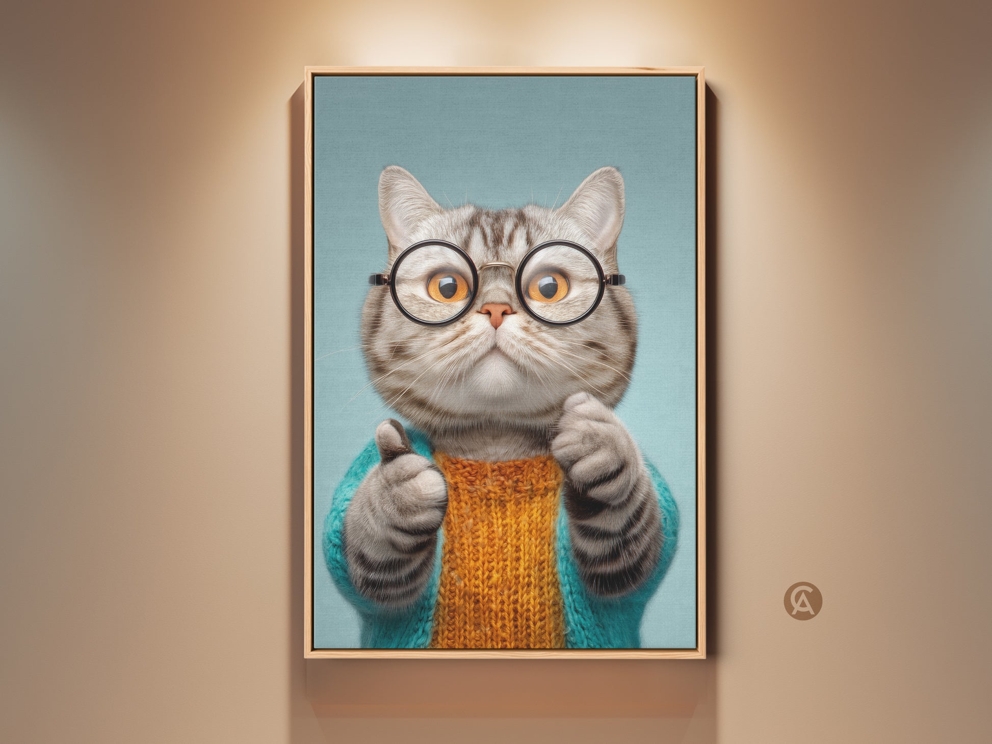 Quirky cat art print featuring a cat with glasses and a teal sweater. This funny animal canvas art adds an eclectic touch to your home decor. A perfect gift for cat moms. The orange and teal palette creates a warm and inviting atmosphere. It is ideal for living rooms or bedrooms.