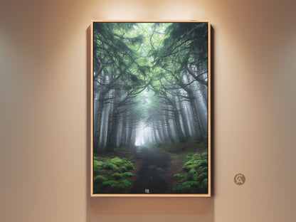 Framed misty forest path canvas art. Emerald green pine trees line a rustic path. It's perfect bedroom decor for nature lovers. This housewarming gift brings tranquility and natural beauty. The artwork features deep green hues and a foggy ambiance. This piece enhances any nature-inspired interior.