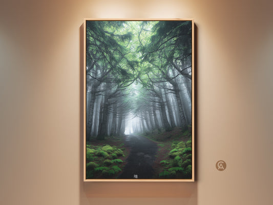 Framed misty forest path canvas art. Emerald green pine trees line a rustic path. It's perfect bedroom decor for nature lovers. This housewarming gift brings tranquility and natural beauty. The artwork features deep green hues and a foggy ambiance. This piece enhances any nature-inspired interior.