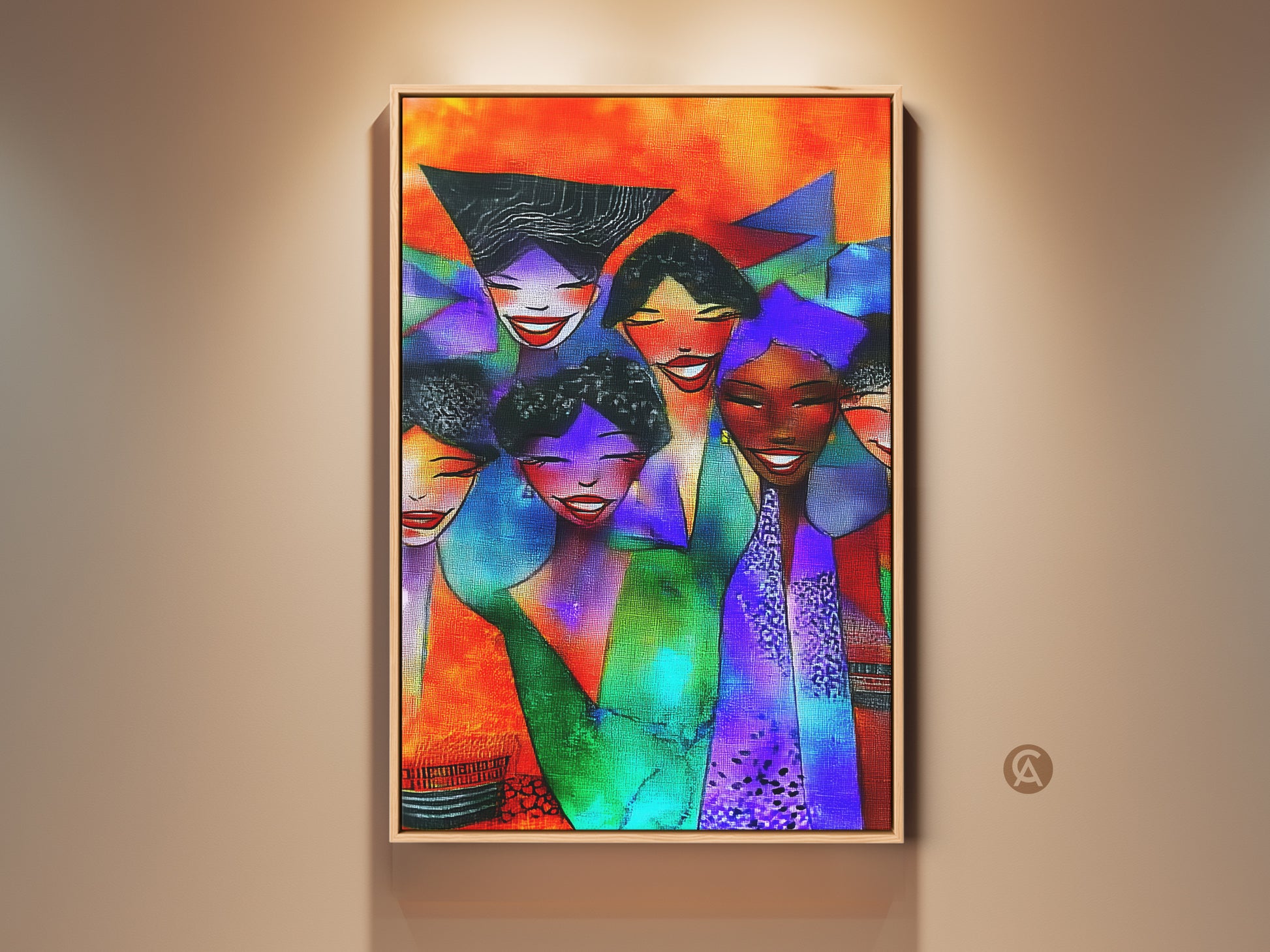 Contemporary Art Print featuring an Abstract Group Portrait. The artwork showcases Eclectic Orange Red and Blue Faces on Canvas. A unique housewarming gift idea for art lovers.