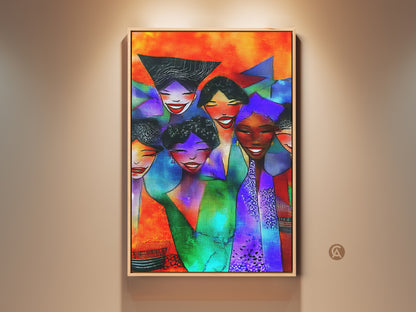 Contemporary Art Print featuring an Abstract Group Portrait. The artwork showcases Eclectic Orange Red and Blue Faces on Canvas. A unique housewarming gift idea for art lovers.