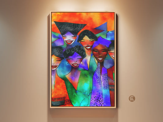 Contemporary Art Print featuring an Abstract Group Portrait. The artwork showcases Eclectic Orange Red and Blue Faces on Canvas. A unique housewarming gift idea for art lovers.