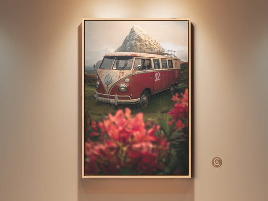 Vintage red orange VW Bus canvas art print. A retro camper van is parked in a field of flowers. Majestic mountains rise in the background. Perfect eclectic road trip wall decor.