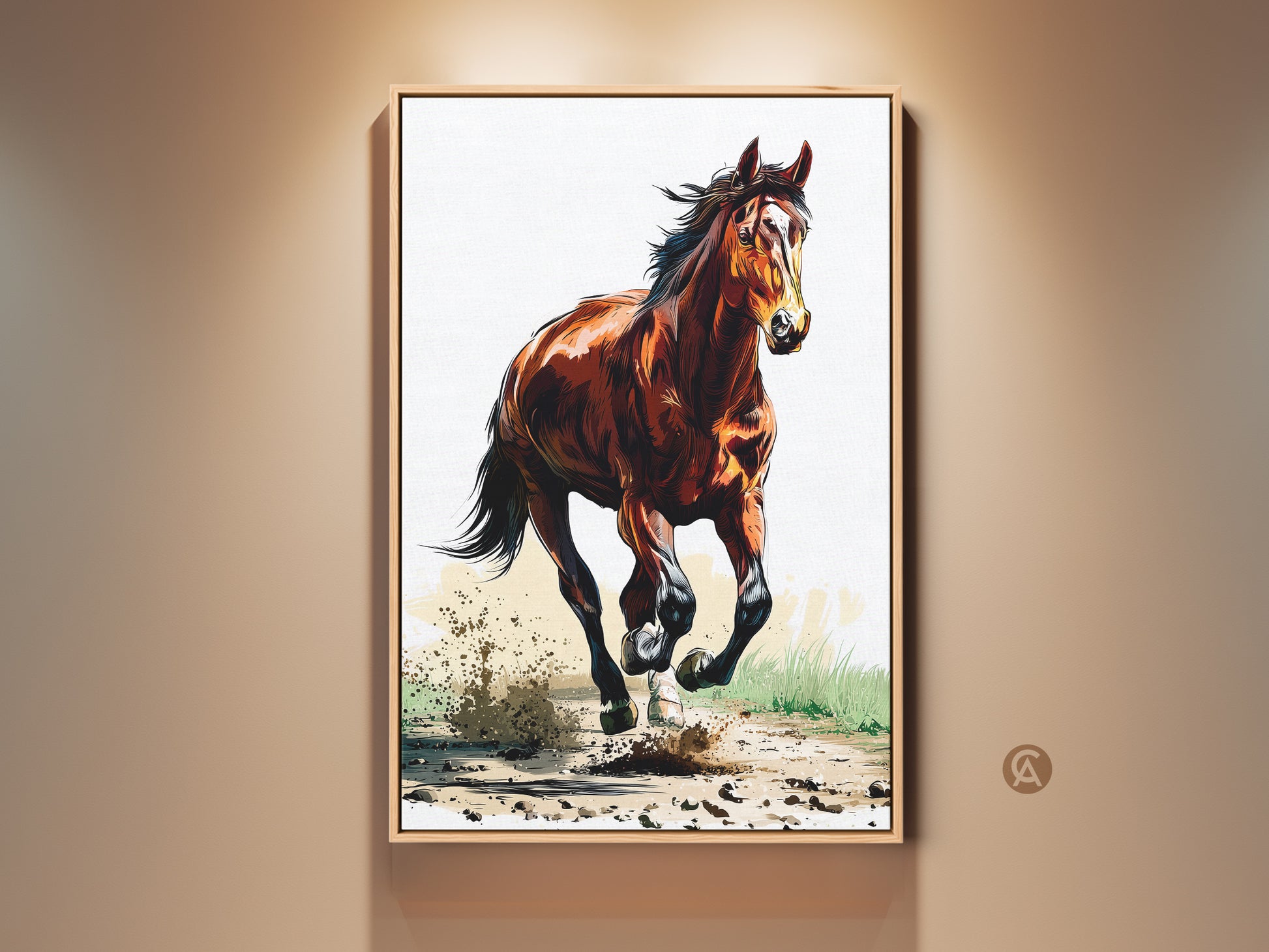 Framed rustic horse canvas print in a room setting. This sienna brown galloping horse art brings equestrian action to any space. Perfect animal decor gift for a bedroom. The horse looks like it's running through dirt. Country style wall decor for horse lovers.