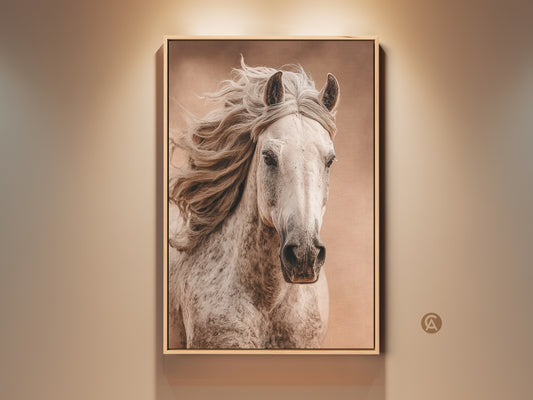 Gallery view of rustic horse wall art. The white horse canvas print offers photorealistic animal decor. This equestrian gift idea enhances bedroom art with its elegant horse portrait.