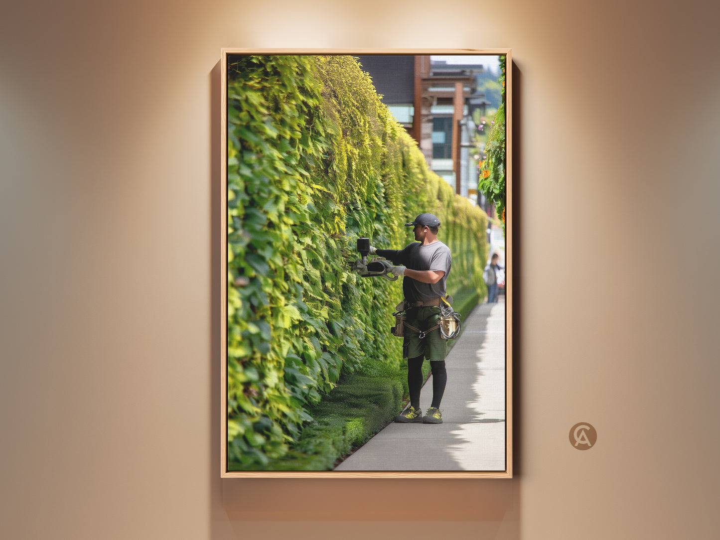Realistic gardener trimming an emerald green ivy wall. This contemporary nature photography canvas print brings outdoor greenery indoors. A unique home decor gift for modern spaces adding refined beauty.