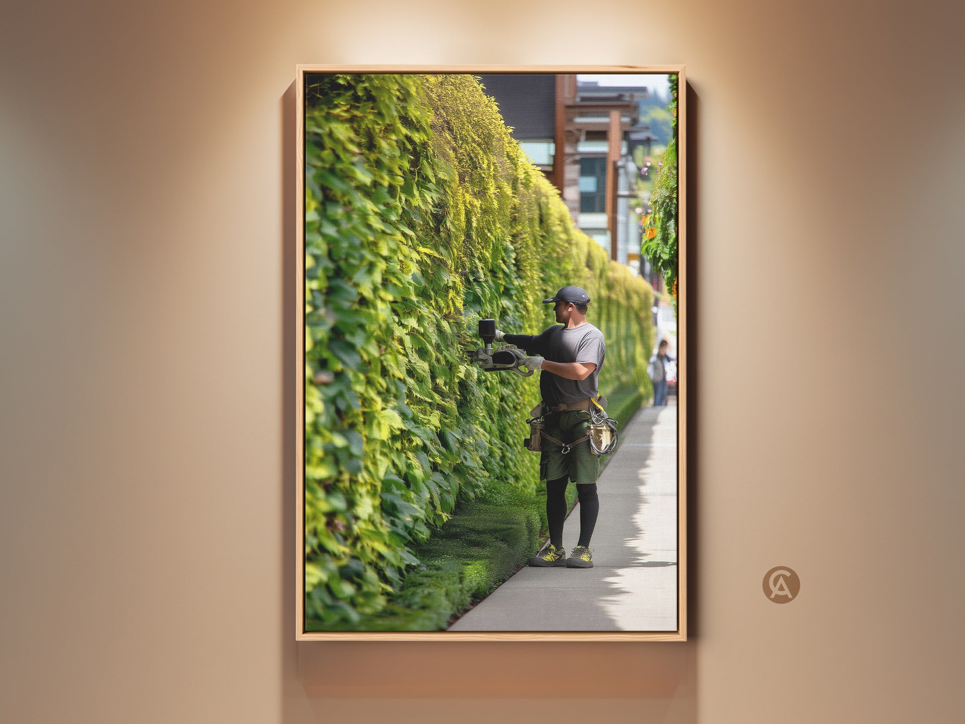 Realistic gardener trimming an emerald green ivy wall. This contemporary nature photography canvas print brings outdoor greenery indoors. A unique home decor gift for modern spaces adding refined beauty.