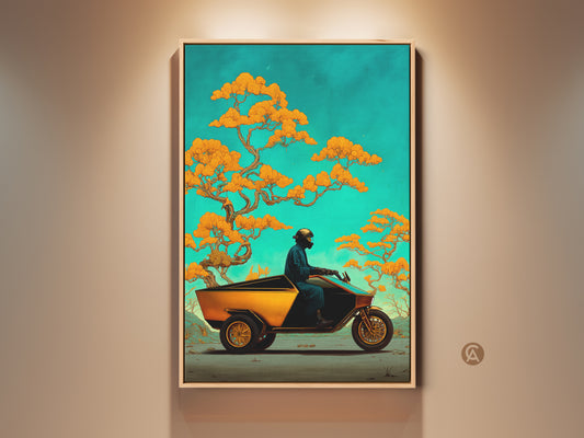 Experience surreal travel art with this framed digital art print. It shows a unique trike and stylized bonsai trees. The orange and teal artwork enhances eclectic decor bringing fantasy and adventure to your wall.