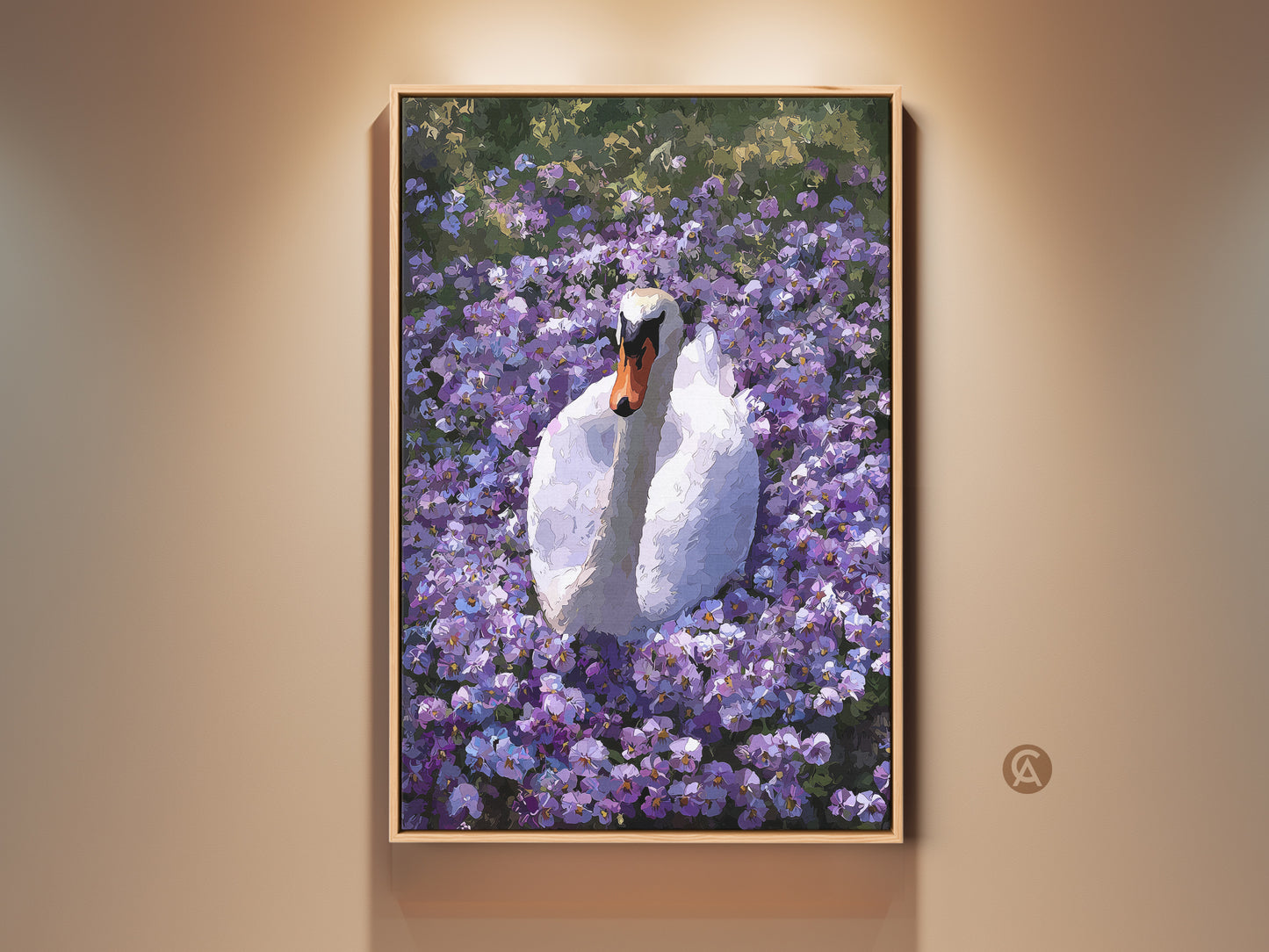 Botanical Swan Canvas Print displayed in a staged room setting. This purple floral wall art features an impressionist style. It makes a great boho nature decor piece. It is the perfect gift for nature lovers.