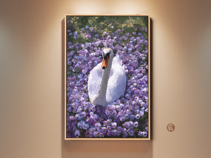 Botanical Swan Canvas Print displayed in a staged room setting. This purple floral wall art features an impressionist style. It makes a great boho nature decor piece. It is the perfect gift for nature lovers.