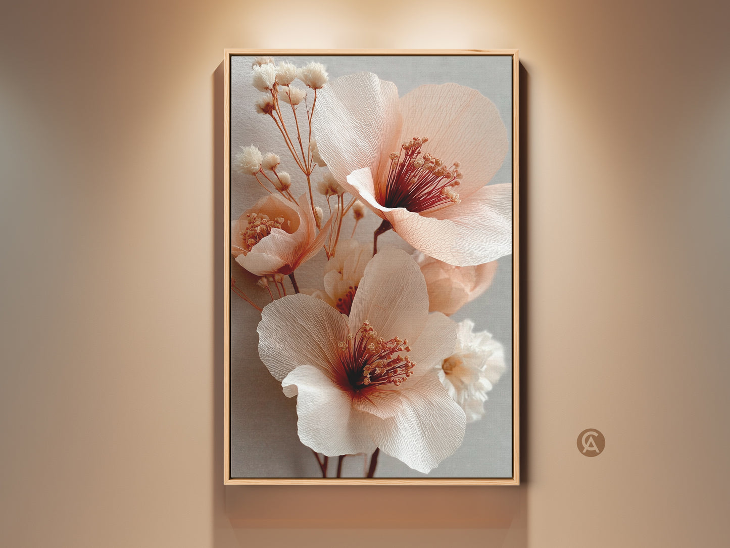 Framed blush pink floral art hangs on a beige wall. The botanical artwork features coral peony blooms and soft gray accents. A housewarming gift idea for plant lovers. Perfect boho wall decor for a bedroom or living room. This elegant flower art is ready to hang.