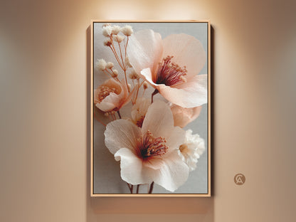 Framed blush pink floral art hangs on a beige wall. The botanical artwork features coral peony blooms and soft gray accents. A housewarming gift idea for plant lovers. Perfect boho wall decor for a bedroom or living room. This elegant flower art is ready to hang.