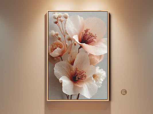 Framed blush pink floral art hangs on a beige wall. The botanical artwork features coral peony blooms and soft gray accents. A housewarming gift idea for plant lovers. Perfect boho wall decor for a bedroom or living room. This elegant flower art is ready to hang.