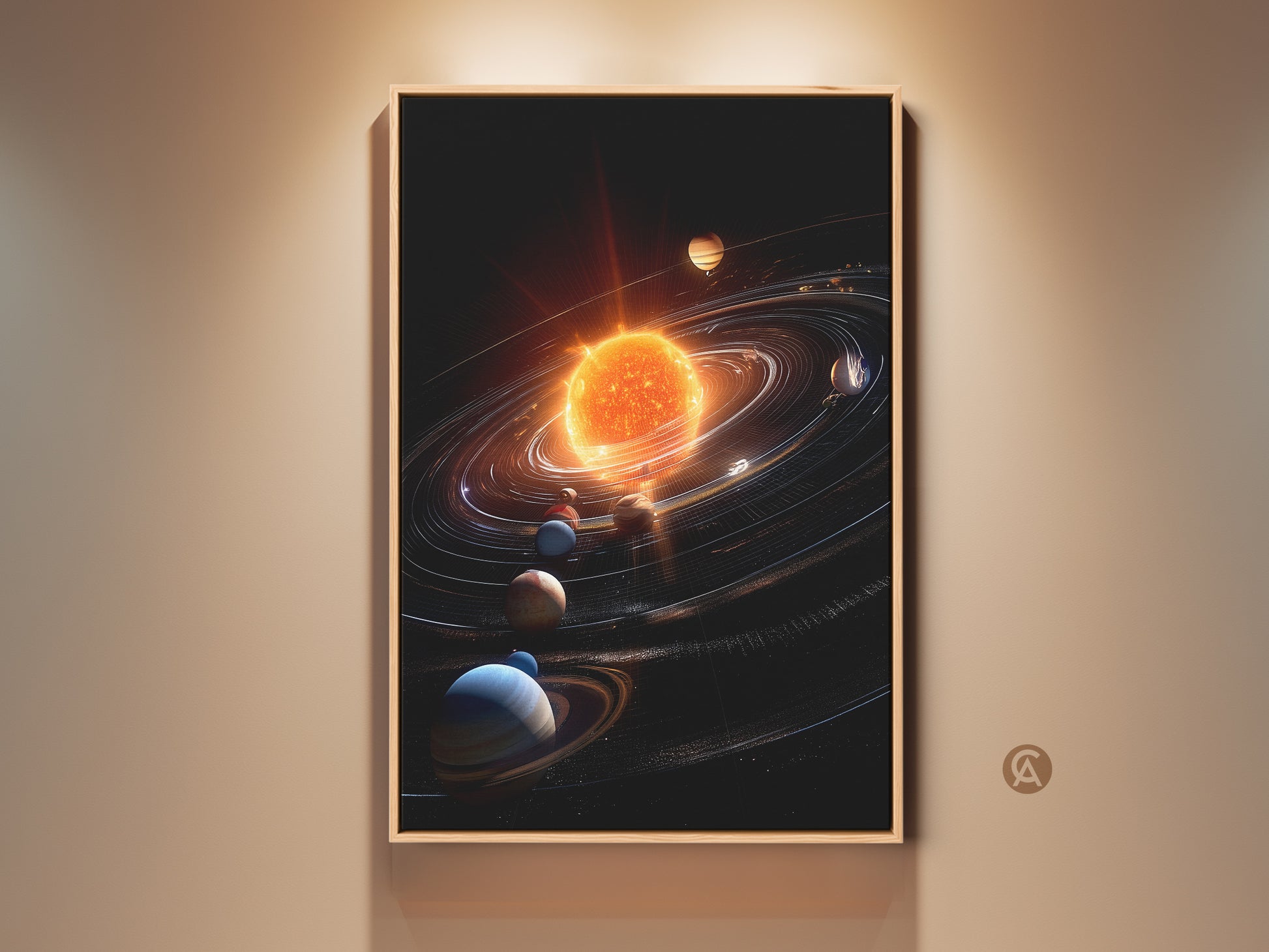 A framed solar system art print is displayed on a wall. The artwork features a vibrant sun and planets. Rings encircle the celestial bodies creating a visually stunning piece. Perfect decor for space enthusiasts add cosmic charm to any room with this unique wall art.