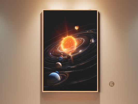 A framed solar system art print is displayed on a wall. The artwork features a vibrant sun and planets. Rings encircle the celestial bodies creating a visually stunning piece. Perfect decor for space enthusiasts add cosmic charm to any room with this unique wall art.