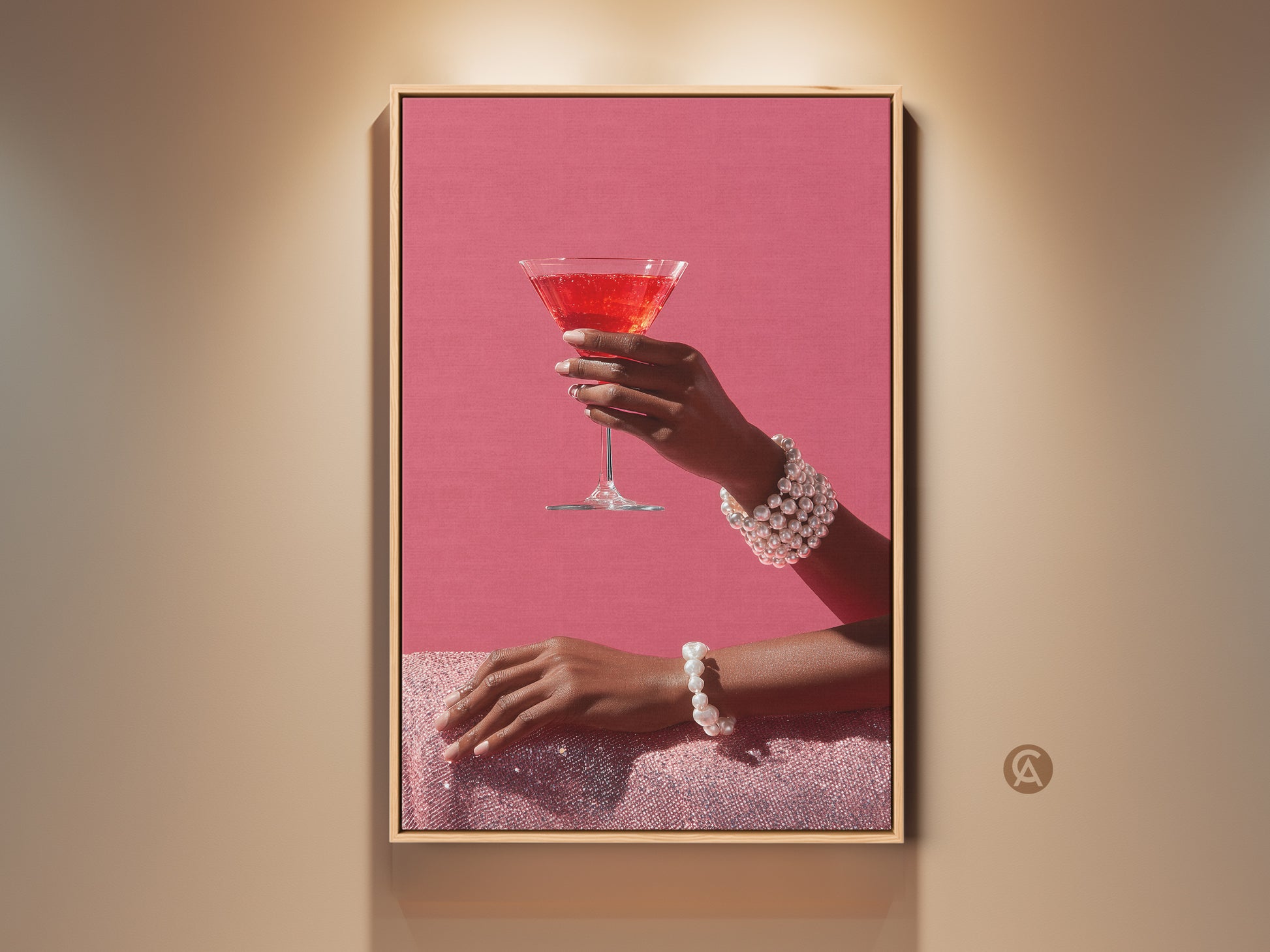 Glam up your walls with this chic pink martini art. The hand model wears a pearl bracelet. This contemporary cocktail decor brings a touch of luxury to any space. The pink textured art is perfect for a stylish bar area. A delightful gift for cocktail lovers adding a feminine touch.