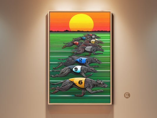 Framed retro greyhound racing artwork. This vintage animal artwork is a canvas print. It features a sunset color palette in orange yellow & green. This greyhound art adds an eclectic touch. It's an office wall decor piece and a unique gift for dog fans. The artwork shows racing dogs in full stride.