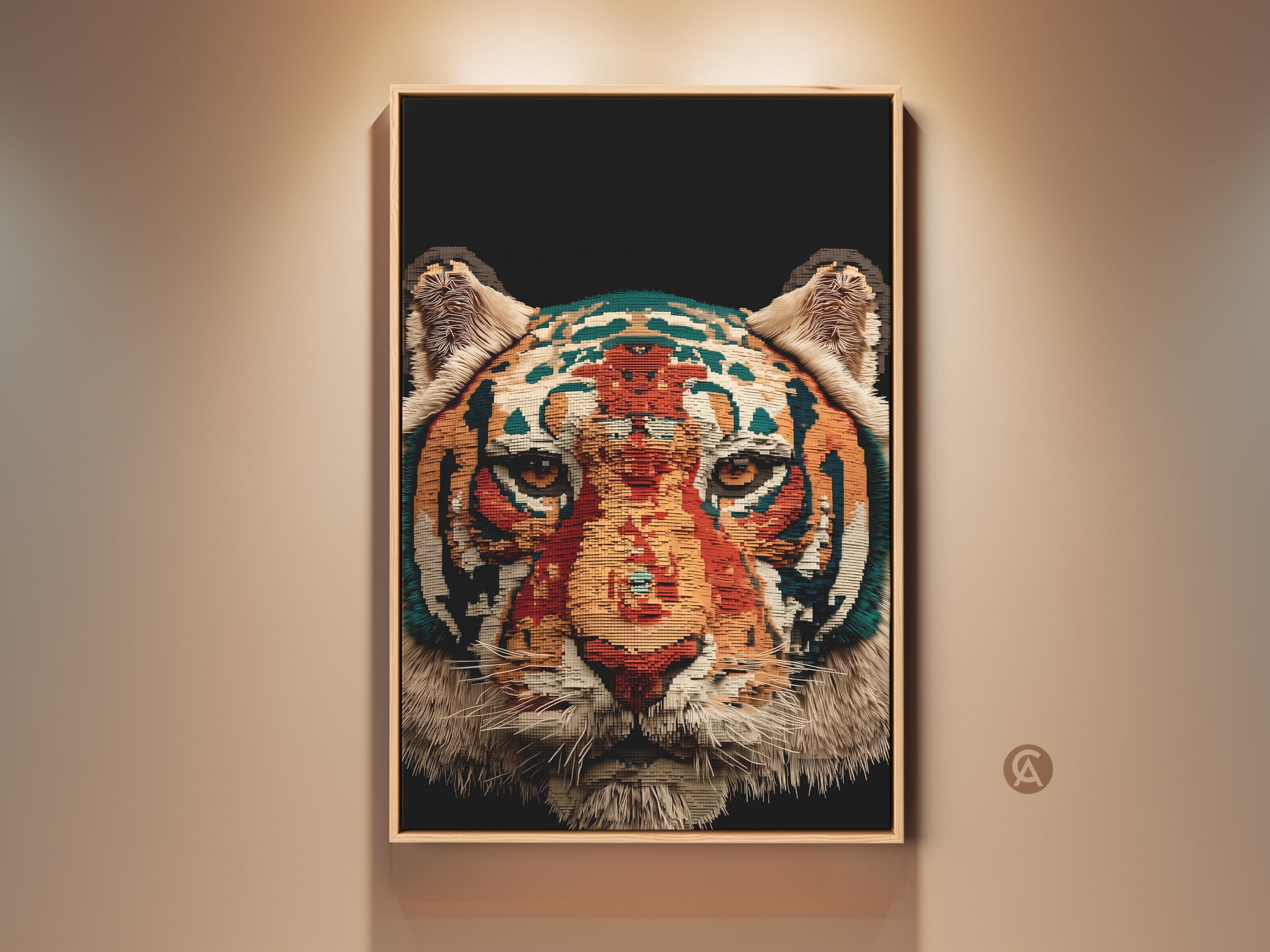 Abstract tiger face canvas art is displayed in a room setting. This geometric wildlife print features an orange gold and teal color palette. It is a striking piece of den and office decor.