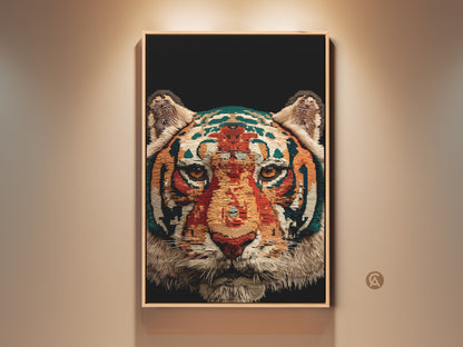 Abstract tiger face canvas art is displayed in a room setting. This geometric wildlife print features an orange gold and teal color palette. It is a striking piece of den and office decor.