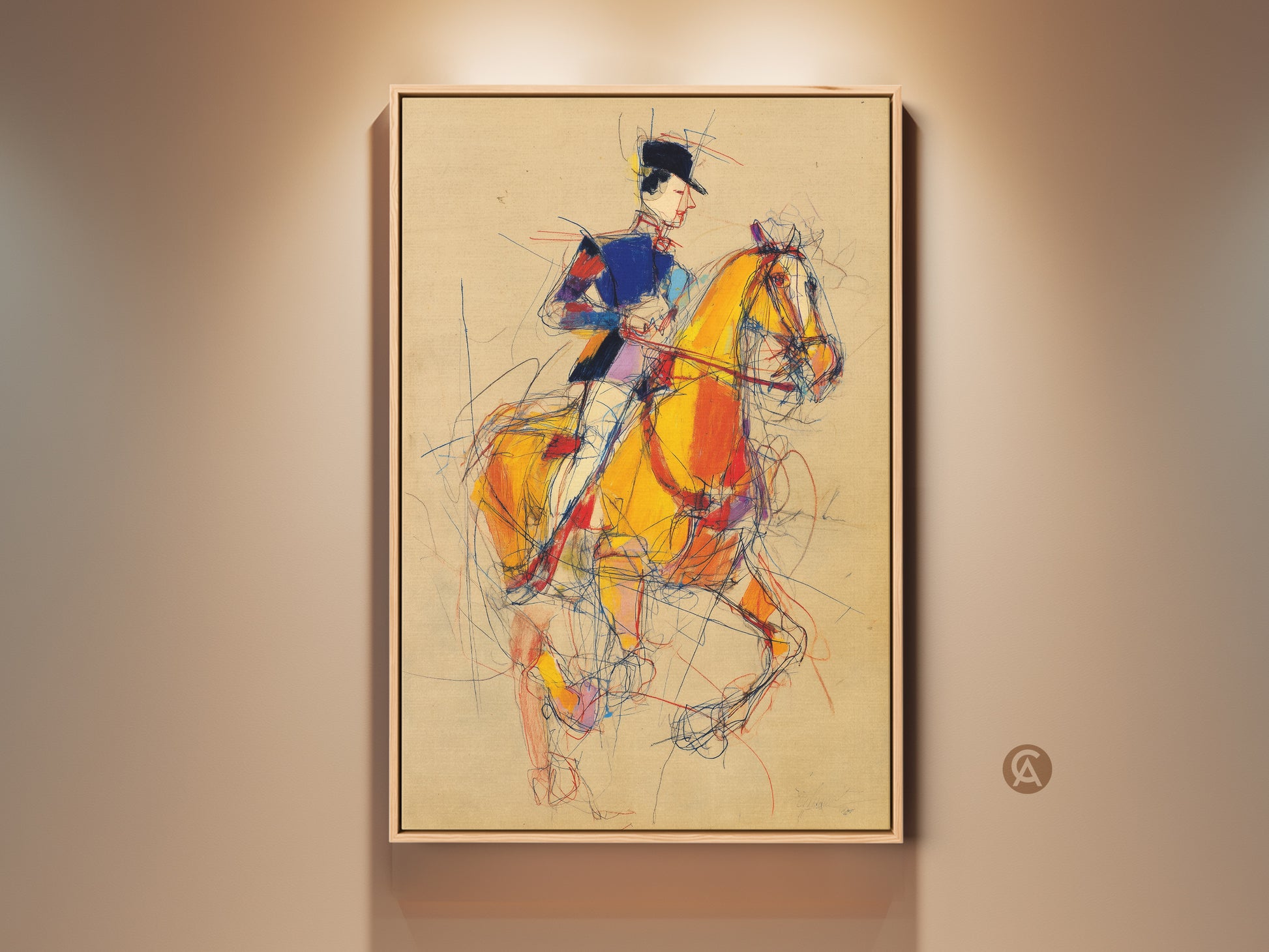 Horse Rider Art Print on canvas. This Expressionist artwork features a horse and rider in a sketchy style. The colors are yellow blue and red. This canvas art adds flair to any space. A great gift for horse lovers and equestrian art collectors.