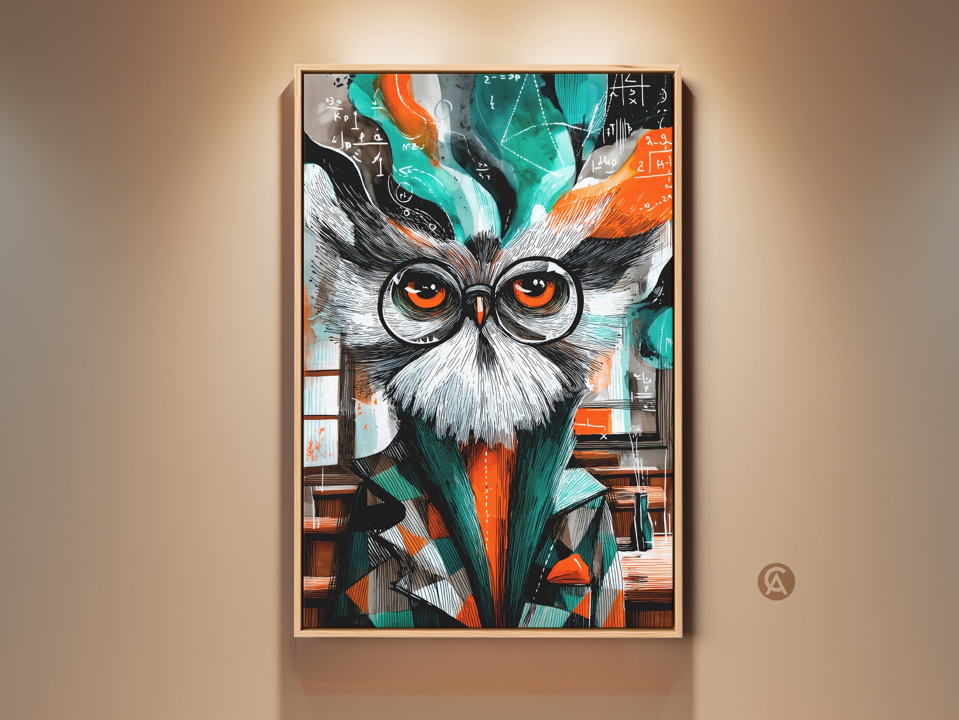 Framed abstract owl art adds intellectual charm. See the owl with glasses against math formulas in orange and teal. It is study room wall decor. A perfect professor gift idea. This unique piece brings wisdom and artistic flair to any home or office. It makes a smart conversation starter.