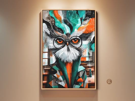 Framed abstract owl art adds intellectual charm. See the owl with glasses against math formulas in orange and teal. It is study room wall decor. A perfect professor gift idea. This unique piece brings wisdom and artistic flair to any home or office. It makes a smart conversation starter.