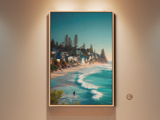 Framed canvas art of a surfer walking into the ocean. The artwork captures a serene beach scene with turquoise waves and a coastal neighborhood. This framed art is ready to hang and brings a touch of coastal charm to any room.