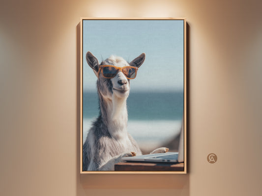 Framed goat in sunglasses canvas art on display. Humorous coastal animal print adds a quirky touch to any office or home. The tan light blue artwork is perfect for animal lovers.