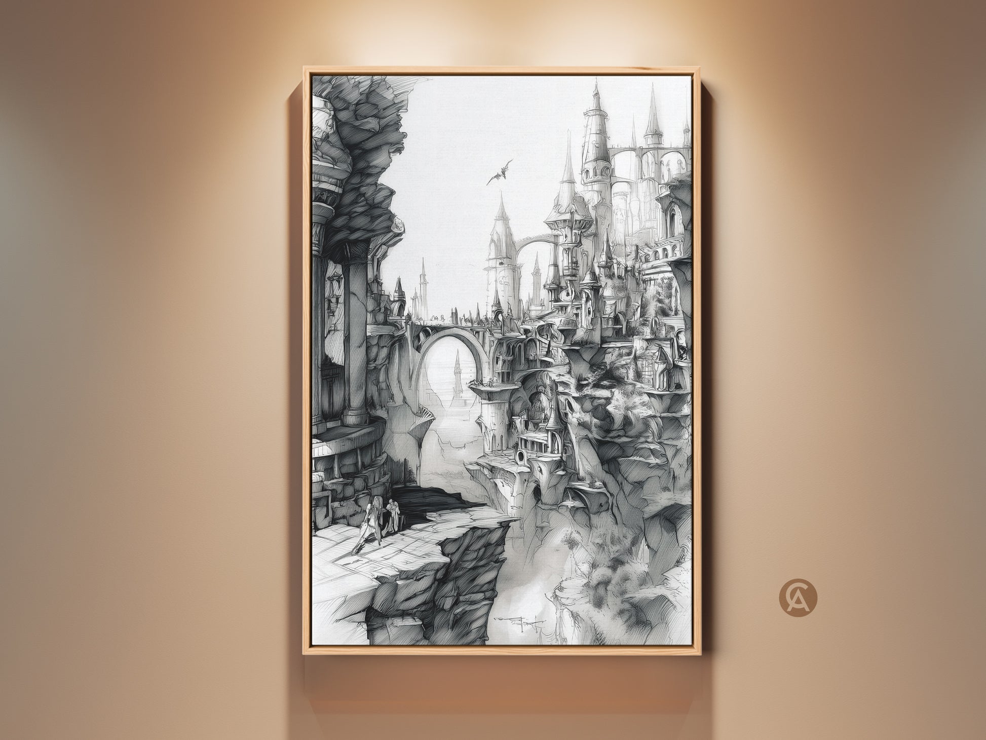 Framed fantasy city artwork. This art print features a detailed cityscape with gothic architecture. A bridge spans a chasm with figures below. Perfect for fantasy art collectors. Shop now for framed art.