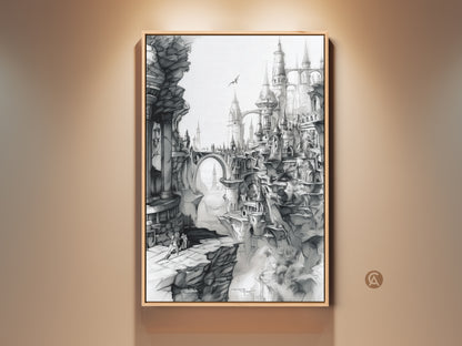 Framed fantasy city artwork. This art print features a detailed cityscape with gothic architecture. A bridge spans a chasm with figures below. Perfect for fantasy art collectors. Shop now for framed art.