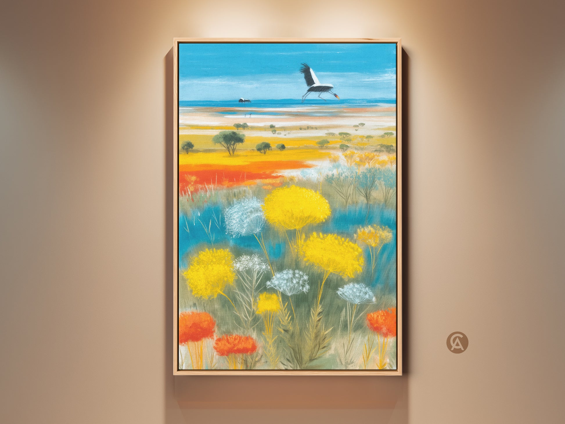 Boho crane flying canvas art featuring a vibrant wildflower landscape. Sky blue and golden yellow hues create a stunning nature wildlife decor. Perfect wall art for a bedroom or home office. A unique housewarming gift for nature enthusiasts. Enhance your living space with this colorful countryside print.