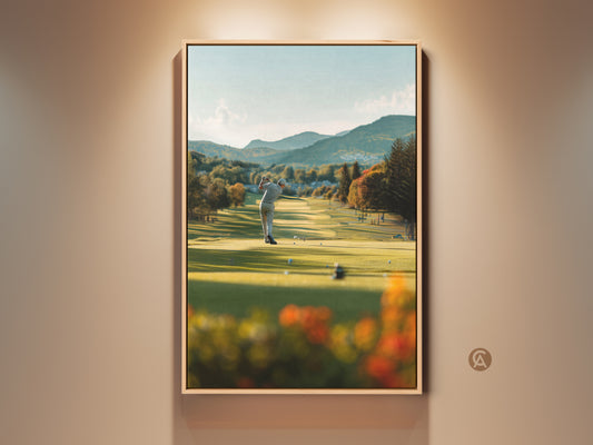 Framed golf course artwork captures a golfer mid-swing. The lush green fairway stretches towards distant mountains. This captivating art print brings the serenity of the golf course to any room. It is perfect for golf enthusiasts. The artwork is displayed in a warm-toned frame.