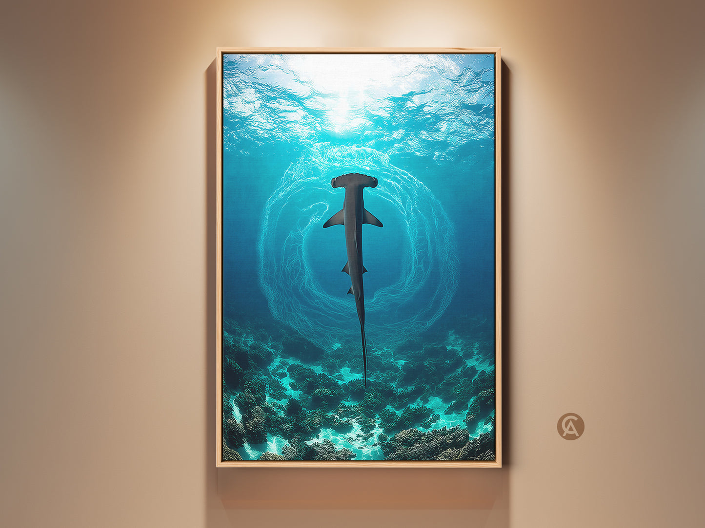 Framed coastal hammerhead shark art. This underwater ocean wildlife print features deep blue aqua and teal tones. A perfect housewarming gift. The artwork enhances any room with its naturalistic shark painting and coral reef accents.