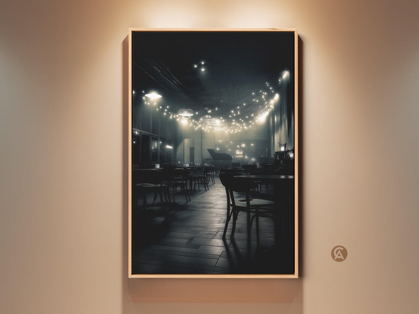 A captivating black and white photograph shows a dimly lit cafe. Strings of lights hang above empty tables creating a warm inviting glow. The artwork captures a quiet intimate atmosphere. This creates a timeless piece for your home decor.