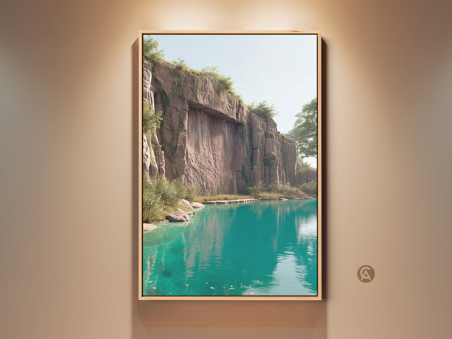 Framed teal lake landscape art print displayed in a room setting. The turquoise water reflects a majestic cliff face. Contemporary artwork brings nature indoors. A serene and calming piece for modern home decor. It is a perfect housewarming gift idea. The artwork features vibrant colors and realistic details.