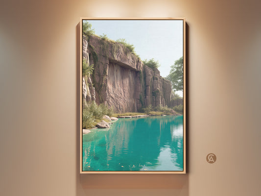 Framed teal lake landscape art print displayed in a room setting. The turquoise water reflects a majestic cliff face. Contemporary artwork brings nature indoors. A serene and calming piece for modern home decor. It is a perfect housewarming gift idea. The artwork features vibrant colors and realistic details.