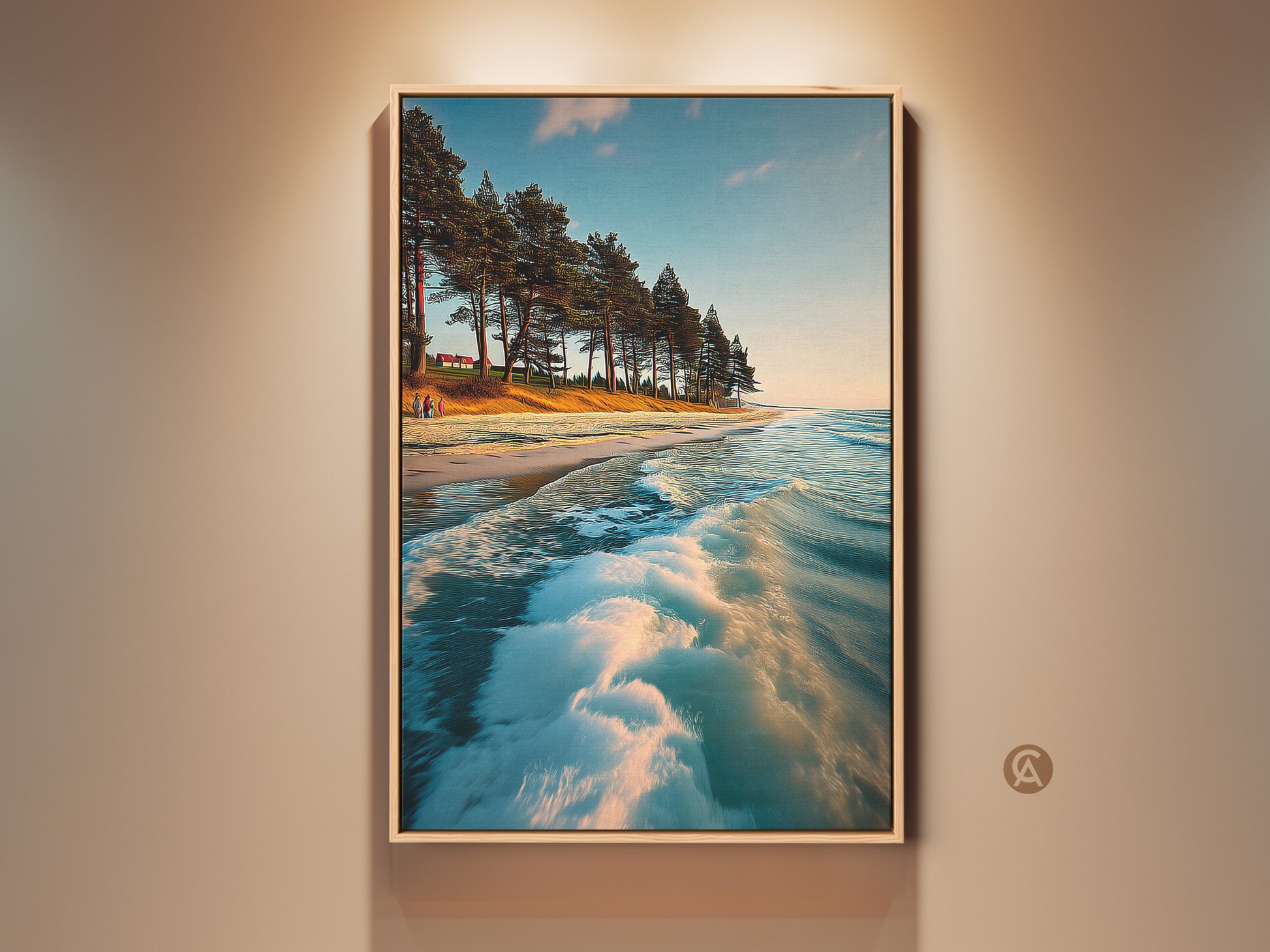 Coastal Seascape Canvas Art featuring pine trees and ocean waves in teal sandy gold and sky blue tones. Framed artwork on a neutral wall offers tranquil beach home decor. Perfect housewarming gift for ocean lovers a serene residential bedroom or coastal living room wall art.