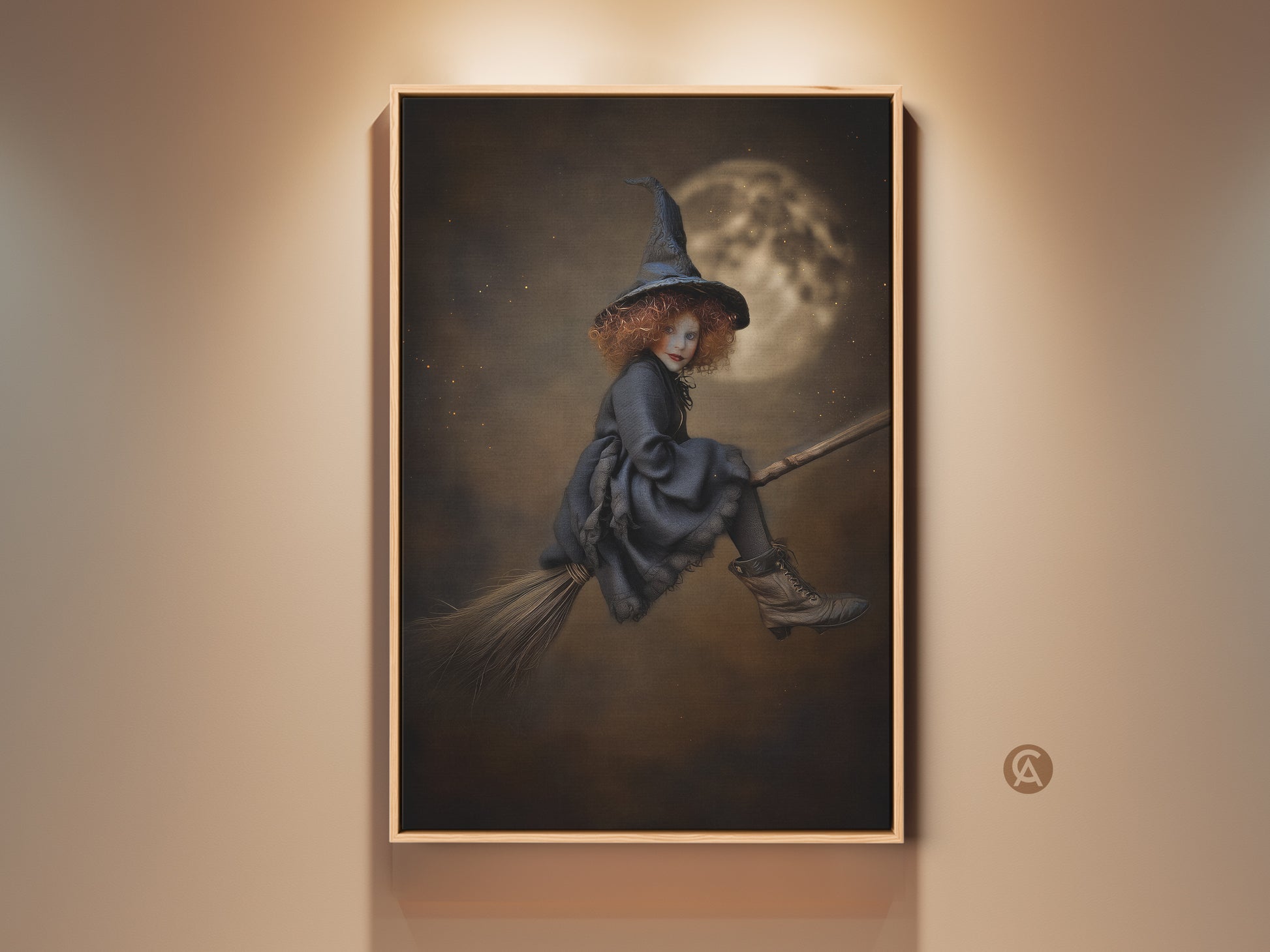 Gothic Witch Art Print for Kids Room Wall Decor. Halloween Fantasy Art featuring a Flying Witch on a Broomstick Canvas. The Sepia Brown Witchcraft Poster adds magical charm. A unique Halloween Gift or decor piece.