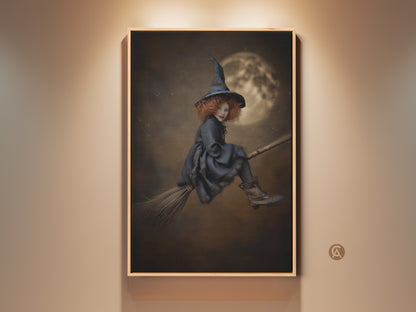 Gothic Witch Art Print for Kids Room Wall Decor. Halloween Fantasy Art featuring a Flying Witch on a Broomstick Canvas. The Sepia Brown Witchcraft Poster adds magical charm. A unique Halloween Gift or decor piece.
